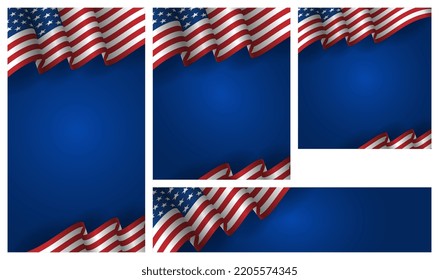 America background, empty template background for greeting, event, national day with blue color and waving usa flag, america copy space background for social media, wallpaper, stories