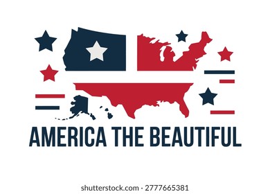 America The Beautiful Slogan With Bold Red Map And Blue Star, Retro Patriotic Colors, Typography Poster Designs For Promotion Marketing