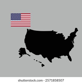 America black color map  .America map showcasing each state in unique colors for clear distinction. America national rectangular flag is placed above the map for added identity. America national map .