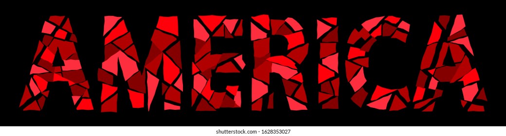 America - broken isolated inscription. Red letters made of pieces, fragments, like broken glass. Beaten America for posters, banners, flyers, cards and prints on clothing. Stock vector illustration.