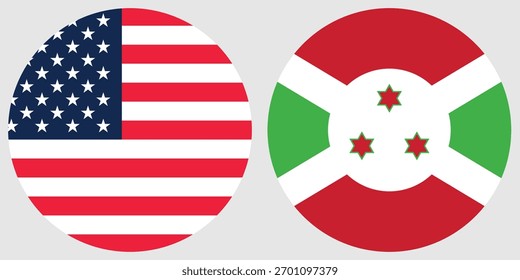 Vector de bandera circular de América y Burundi e ilustración con fondo gris 