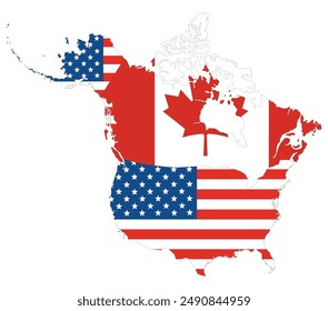 America and Canada map with national flag. Map of North America with USA and Canada map.