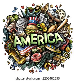 America cartoon doodle illustration. Funny American design. Creative art vector background. Handwritten text with elements and objects. Colorful composition