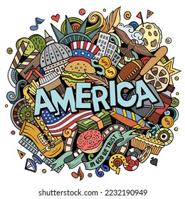 America cartoon doodle illustration. Funny American design. Creative art vector background. Handwritten text with elements and objects. Colorful composition