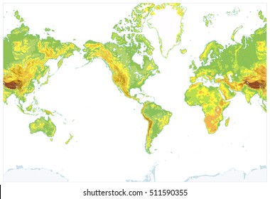 America Centered Detailed Physical World Map isolated on white. Highly detailed vector illustration of Physical World Map.