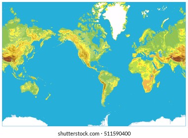 America Centered Detailed Physical World Map.Highly detailed vector illustration of Physical World Map.