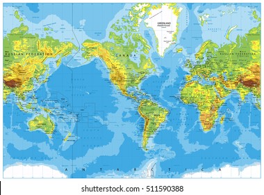 America Centered Physical World Map. Highly detailed vector illustration of Physical World Map.