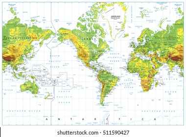 America Centered Physical World Map isolated on white.