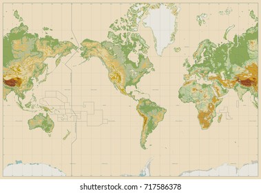 America Centered Physical World Map On Retro White. No text. Vector illustartion.