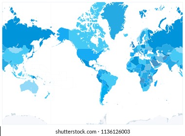 America Centered Political World Map Blue Colors. No text. Highly detailed vector illustration of World Map.