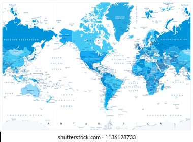 America Centered Political World Map Blue Colors. Isolated on white. Highly detailed vector illustration of World Map.