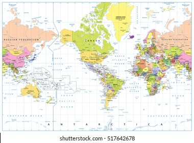 America Centered Political World Map isolated on white. Highly detailed vector illustration of World Map.
