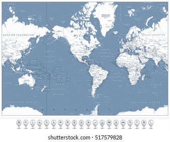America Centered World Map and 3D navigation icons. Highly detailed vector illustration of World Map with America in center.