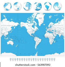 America Centered World Map and 3D globes and navigation icons. Highly detailed vector illustration of World Map with America in center.