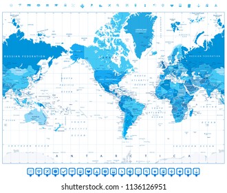 America Centered World Map Blue Color and flat icons. Highly detailed vector illustration of World Map.