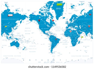 America Centered World Map and glossy icons on map. Highly detailed vector illustration of World Map.