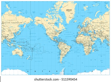 America Centered World Map. Highly detailed vector illustration of Physical World Map.