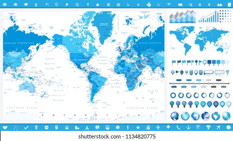 America Centered World Map and infographic elements. Detailed vector illustration of map.