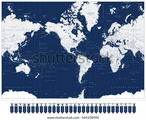 米国中心の世界地図とナビゲーションマップポインタ 米国中央世界地図の詳細なベクターイラスト のベクター画像素材 ロイヤリティフリー