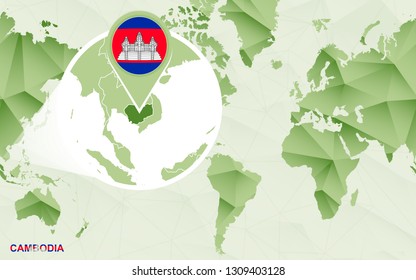 America centric world map with magnified Cambodia map. Green polygonal world map.