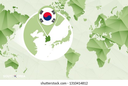 America centric world map with magnified South Korea map. Green polygonal world map.