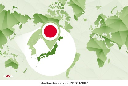 America centric world map with magnified Japan map. Green polygonal world map.