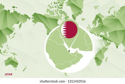 America centric world map with magnified Qatar map. Green polygonal world map.