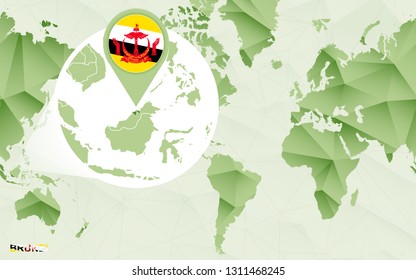 America centric world map with magnified Brunei map. Green polygonal world map.