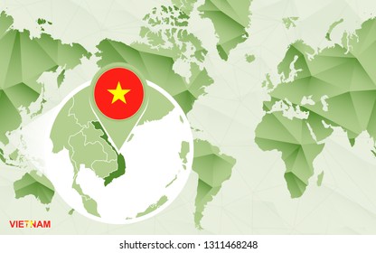 America centric world map with magnified Vietnam map. Green polygonal world map.