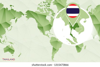 America centric world map with magnified Thailand map. Green polygonal world map.