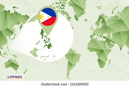America centric world map with magnified Philippines map. Green polygonal world map.