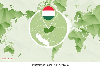 America centric world map with magnified Hungary map. Green polygonal world map.