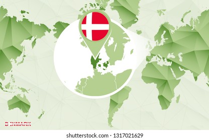 America centric world map with magnified Denmark map. Green polygonal world map.