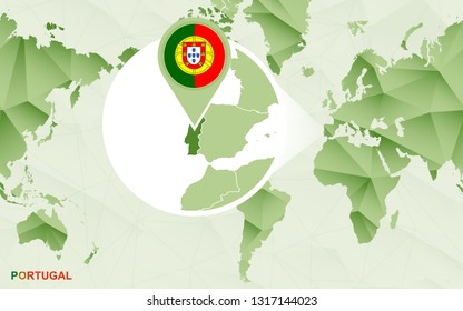 America centric world map with magnified Portugal map. Green polygonal world map.