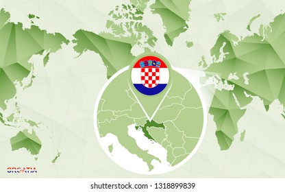 America centric world map with magnified Croatia map. Green polygonal world map.