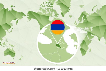 America centric world map with magnified Armenia map. Green polygonal world map.