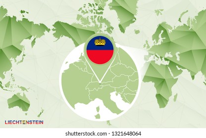 America centric world map with magnified Liechtenstein map. Green polygonal world map.