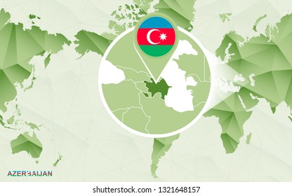 America centric world map with magnified Azerbaijan map. Green polygonal world map.