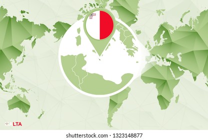 America centric world map with magnified Malta map. Green polygonal world map.