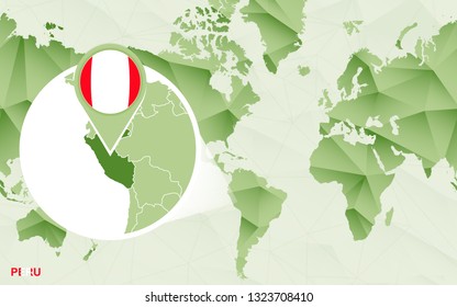 America centric world map with magnified Peru map. Green polygonal world map.