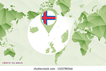 America centric world map with magnified Faroe Islands map. Green polygonal world map.