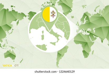 America centric world map with magnified Vatican City map. Green polygonal world map.