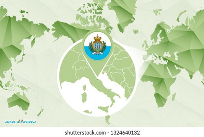 America centric world map with magnified San Marino map. Green polygonal world map.