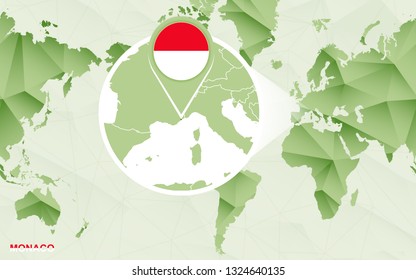 America centric world map with magnified Monaco map. Green polygonal world map.