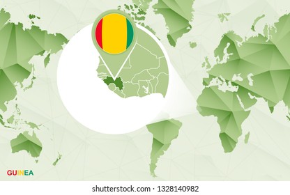 America centric world map with magnified Guinea map. Green polygonal world map.