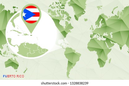 America centric world map with magnified Puerto Rico map. Green polygonal world map.