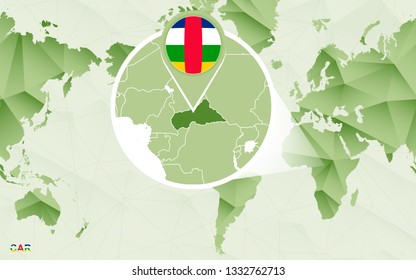America centric world map with magnified Central African Republic map. Green polygonal world map.