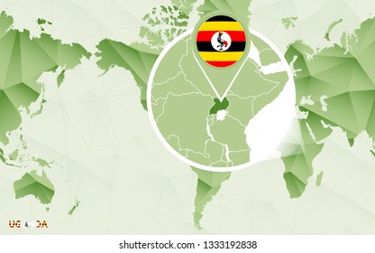 America centric world map with magnified Uganda map. Green polygonal world map.
