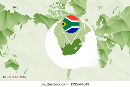 America centric world map with magnified South Africa map. Green polygonal world map.