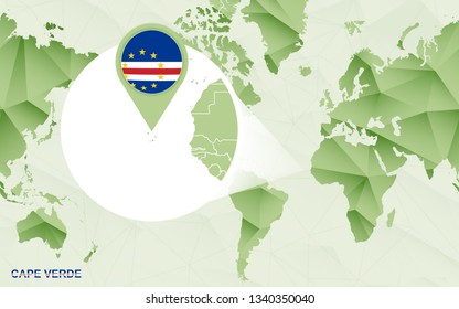 America centric world map with magnified Cape Verde map. Green polygonal world map.